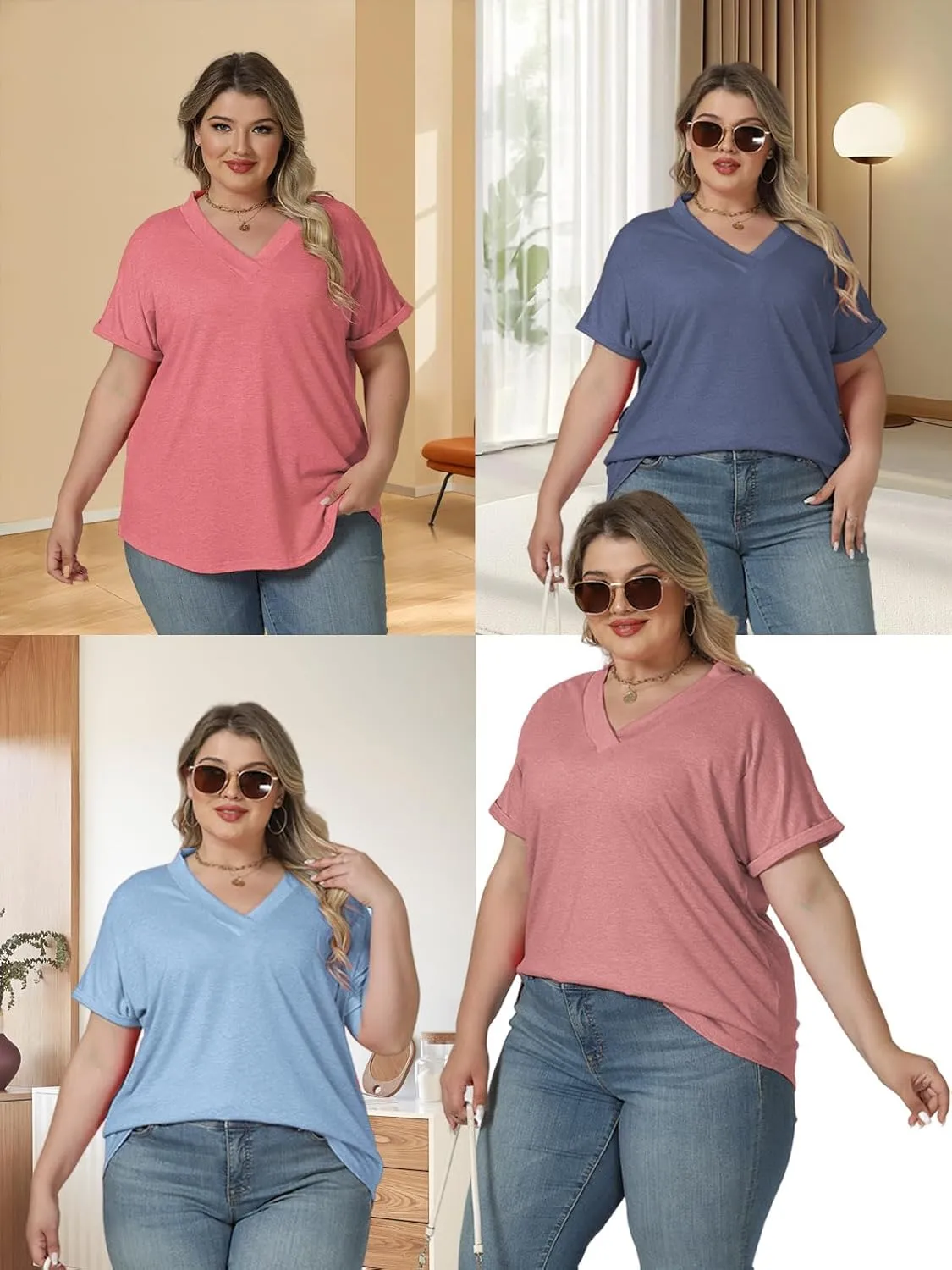VISLILY Plus-Size-Summer-Tops for Women Casual V Neck T Shirts Trendy Loose Tees Fashion Rolled Short Sleeve Tunics XL-5XL