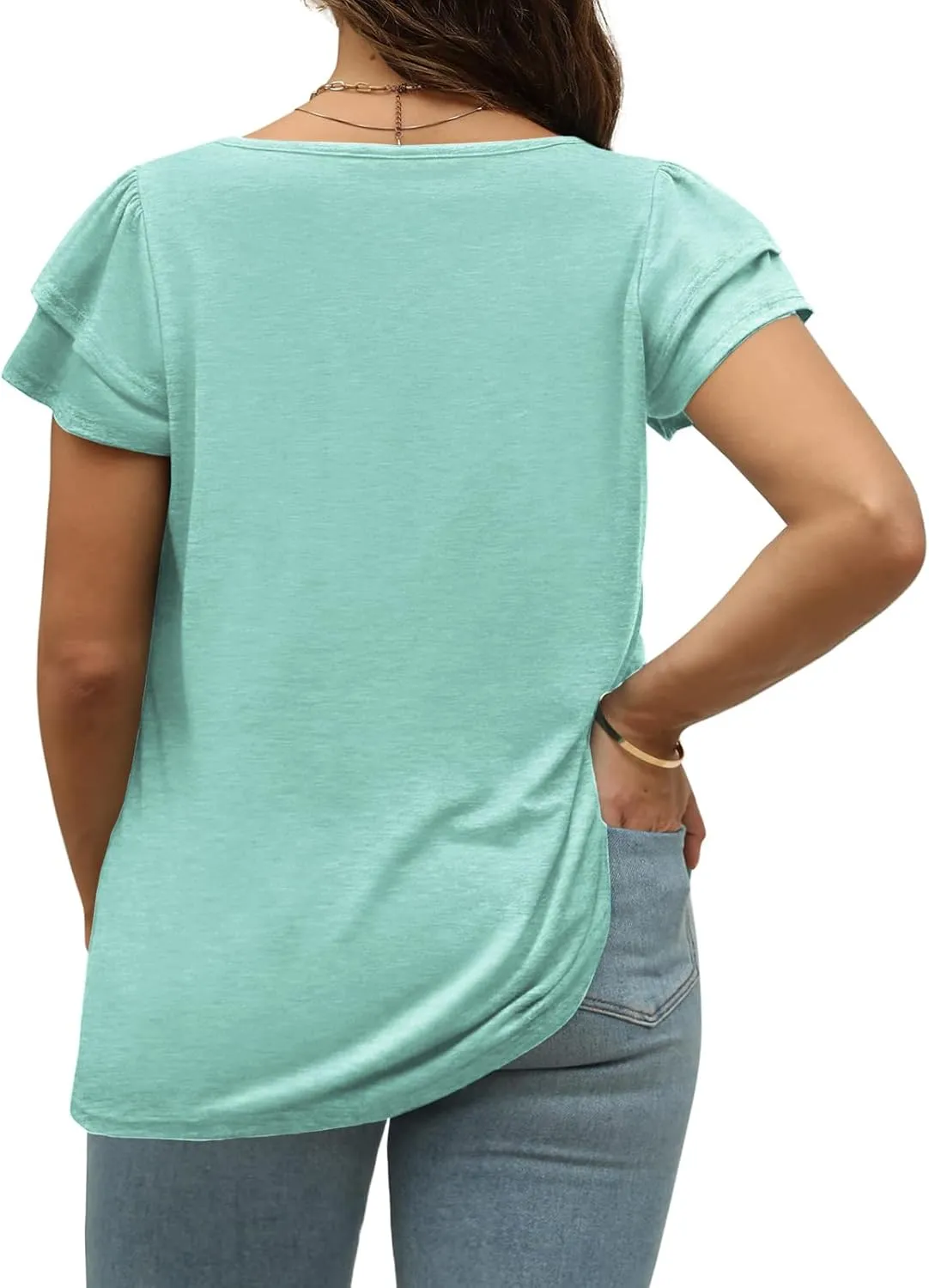 VISLILY Plus-Size-Summer-Tops for Women Petal Short Sleeve T Shirts Square Neck Tunics Flowy Pleated Blouses XL-5XL