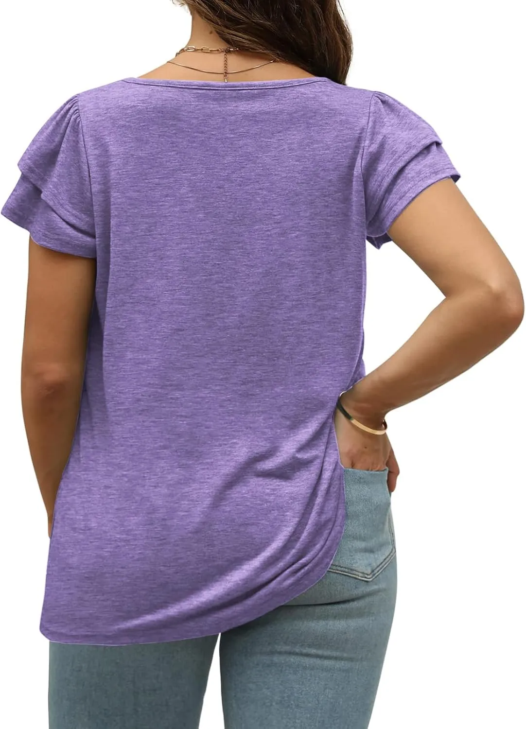 VISLILY Plus-Size-Summer-Tops for Women Petal Short Sleeve T Shirts Square Neck Tunics Flowy Pleated Blouses XL-5XL