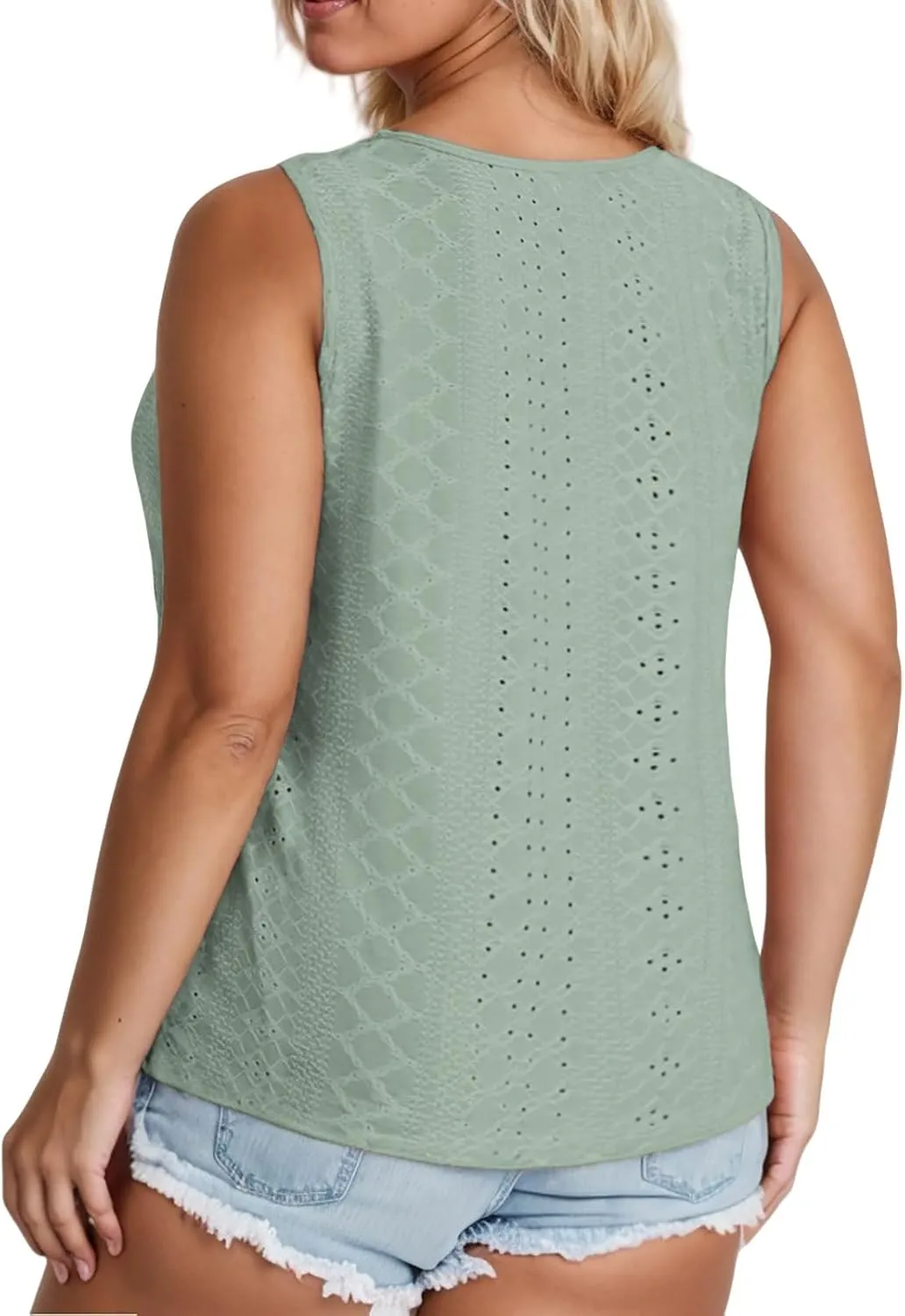 VISLILY Plus-Size-Tank-Tops for Women Summer Trendy Keyhole Neck Shirts Cute Eyelet Tunics Casual Sleeveless Blouse XL-5XL