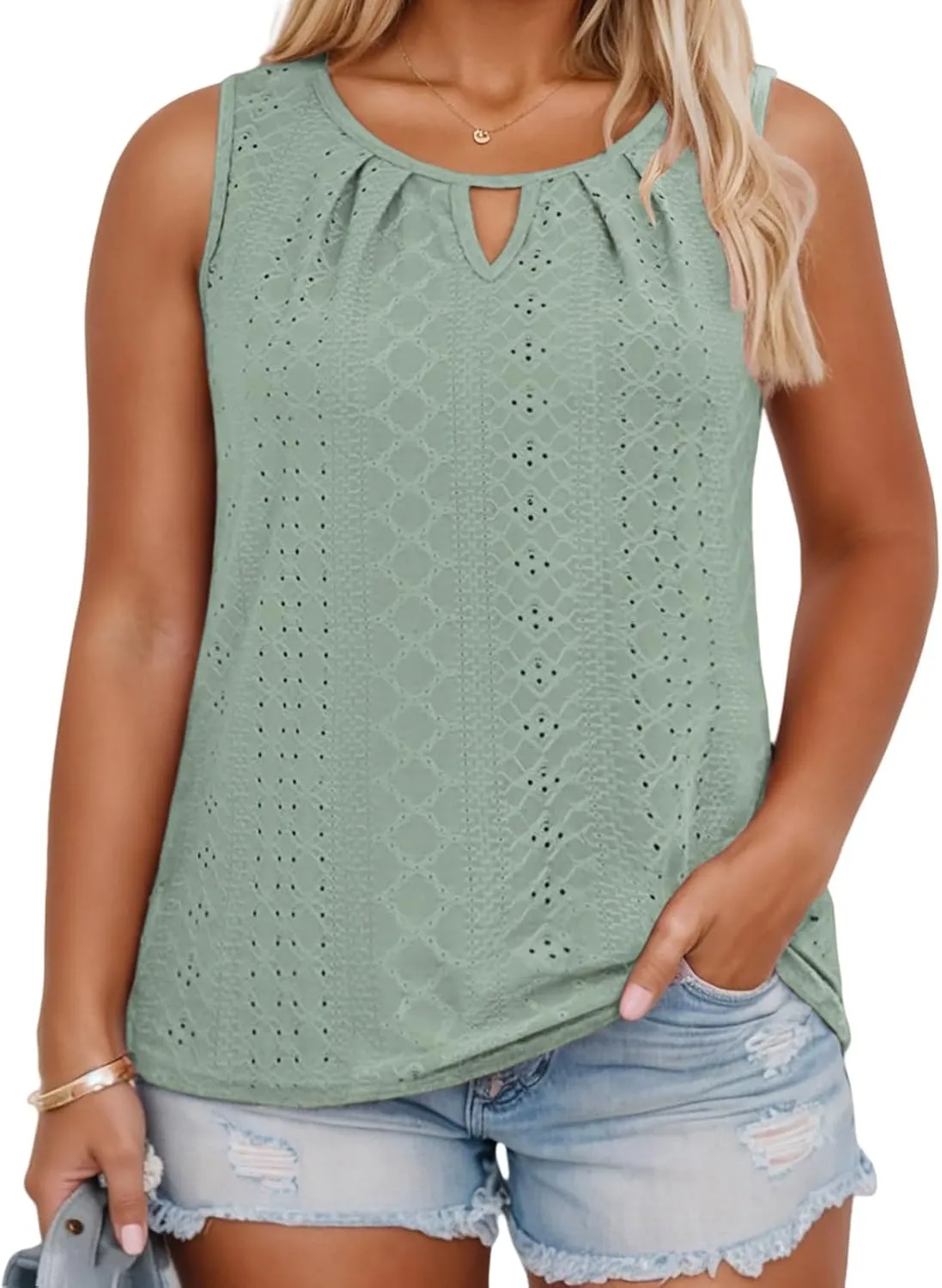 VISLILY Plus-Size-Tank-Tops for Women Summer Trendy Keyhole Neck Shirts Cute Eyelet Tunics Casual Sleeveless Blouse XL-5XL