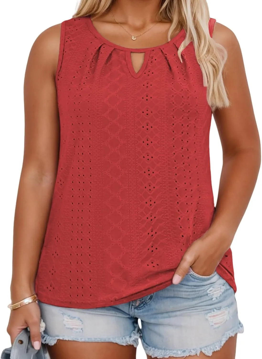 VISLILY Plus-Size-Tank-Tops for Women Summer Trendy Keyhole Neck Shirts Cute Eyelet Tunics Casual Sleeveless Blouse XL-5XL