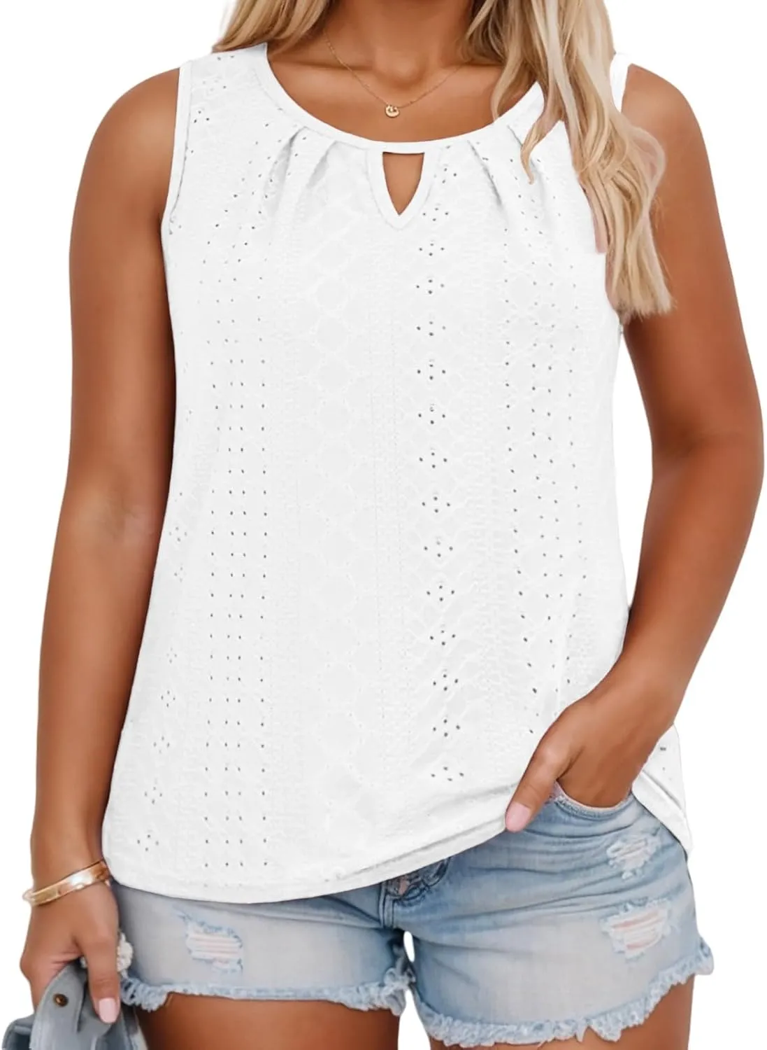 VISLILY Plus-Size-Tank-Tops for Women Summer Trendy Keyhole Neck Shirts Cute Eyelet Tunics Casual Sleeveless Blouse XL-5XL