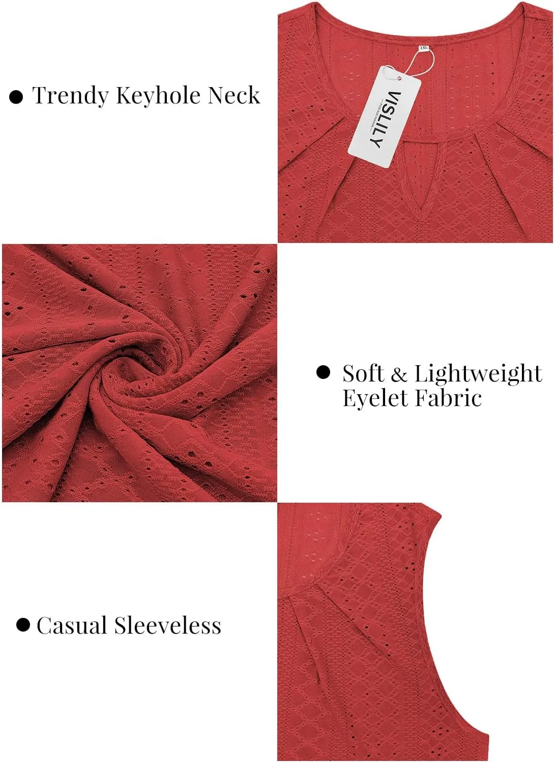 VISLILY Plus-Size-Tank-Tops for Women Summer Trendy Keyhole Neck Shirts Cute Eyelet Tunics Casual Sleeveless Blouse XL-5XL