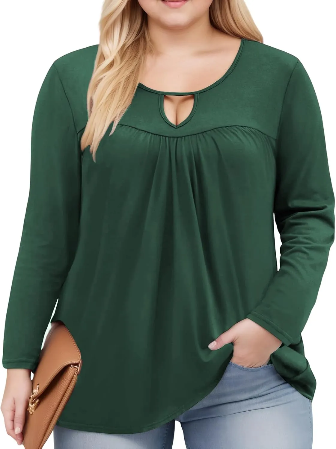 VISLILY Womens-Plus-Size-Dressy-Tops Trendy Keyhole Crewneck T Shirts Casual Long Sleeve Tunics Flowy Pleated Blouses XL-5XL