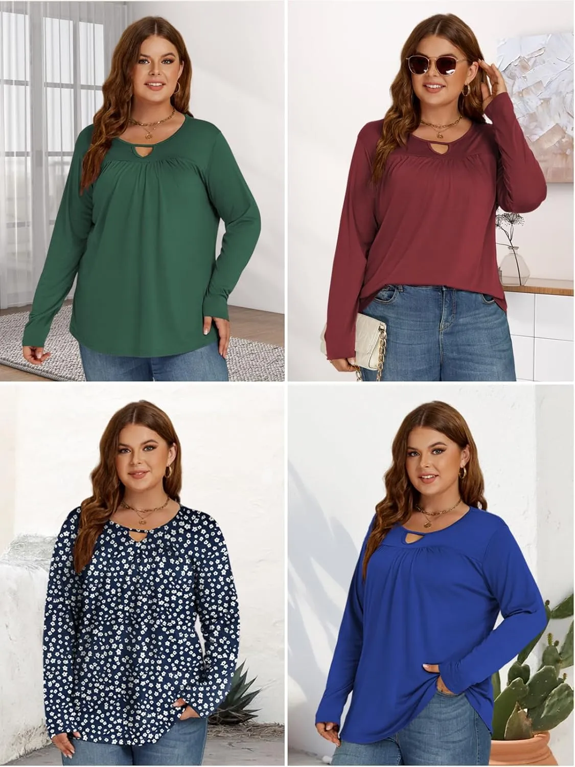 VISLILY Womens-Plus-Size-Dressy-Tops Trendy Keyhole Crewneck T Shirts Casual Long Sleeve Tunics Flowy Pleated Blouses XL-5XL
