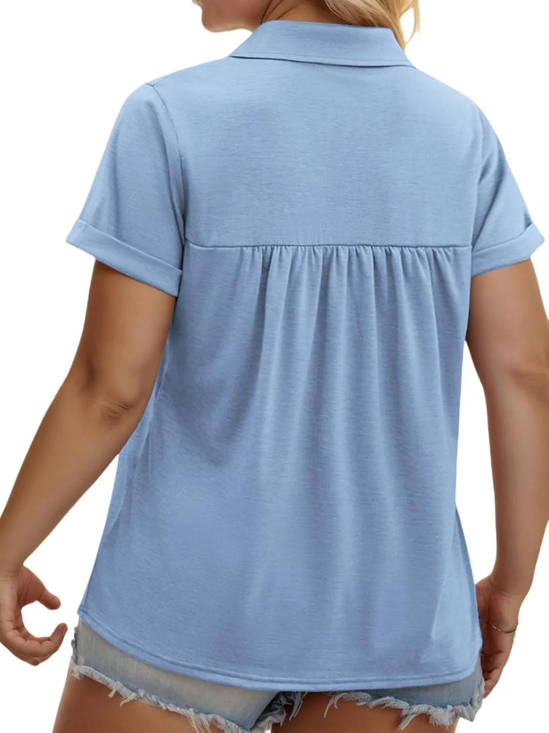 VISLILY Womens-Plus-Size-Summer-Tops Collared V Neck Polo Shirts Flowy Pleated Tunics Trendy Roll Short Sleeve Blouses