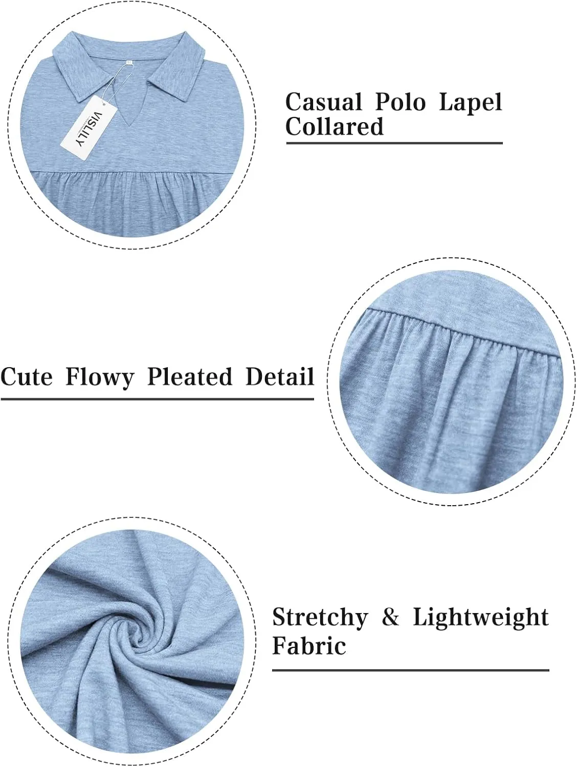 VISLILY Womens-Plus-Size-Summer-Tops Collared V Neck Polo Shirts Flowy Pleated Tunics Trendy Roll Short Sleeve Blouses