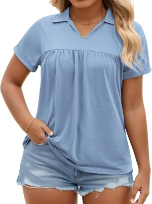 VISLILY Womens-Plus-Size-Summer-Tops Collared V Neck Polo Shirts Flowy Pleated Tunics Trendy Roll Short Sleeve Blouses