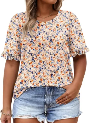 VISLILY Womens-Plus-Size-Summer-Tops Cute Ruffle Short Sleeve T Shirts Casual Crewneck Tunics Loose Blouses Tee XL-5XL
