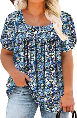 VISLILY Womens-Plus-Size-Summer-Tops Petal Short Sleeve T Shirts Square Neck Blouses Flowy Pleated Tunics XL-5XL