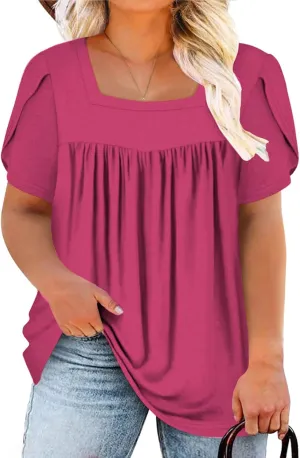 VISLILY Womens-Plus-Size-Summer-Tops Petal Short Sleeve T Shirts Square Neck Blouses Flowy Pleated Tunics XL-5XL