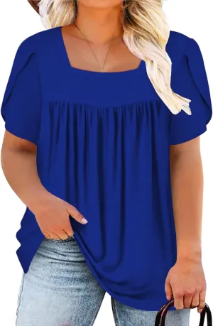 VISLILY Womens-Plus-Size-Summer-Tops Petal Short Sleeve T Shirts Square Neck Blouses Flowy Pleated Tunics XL-5XL