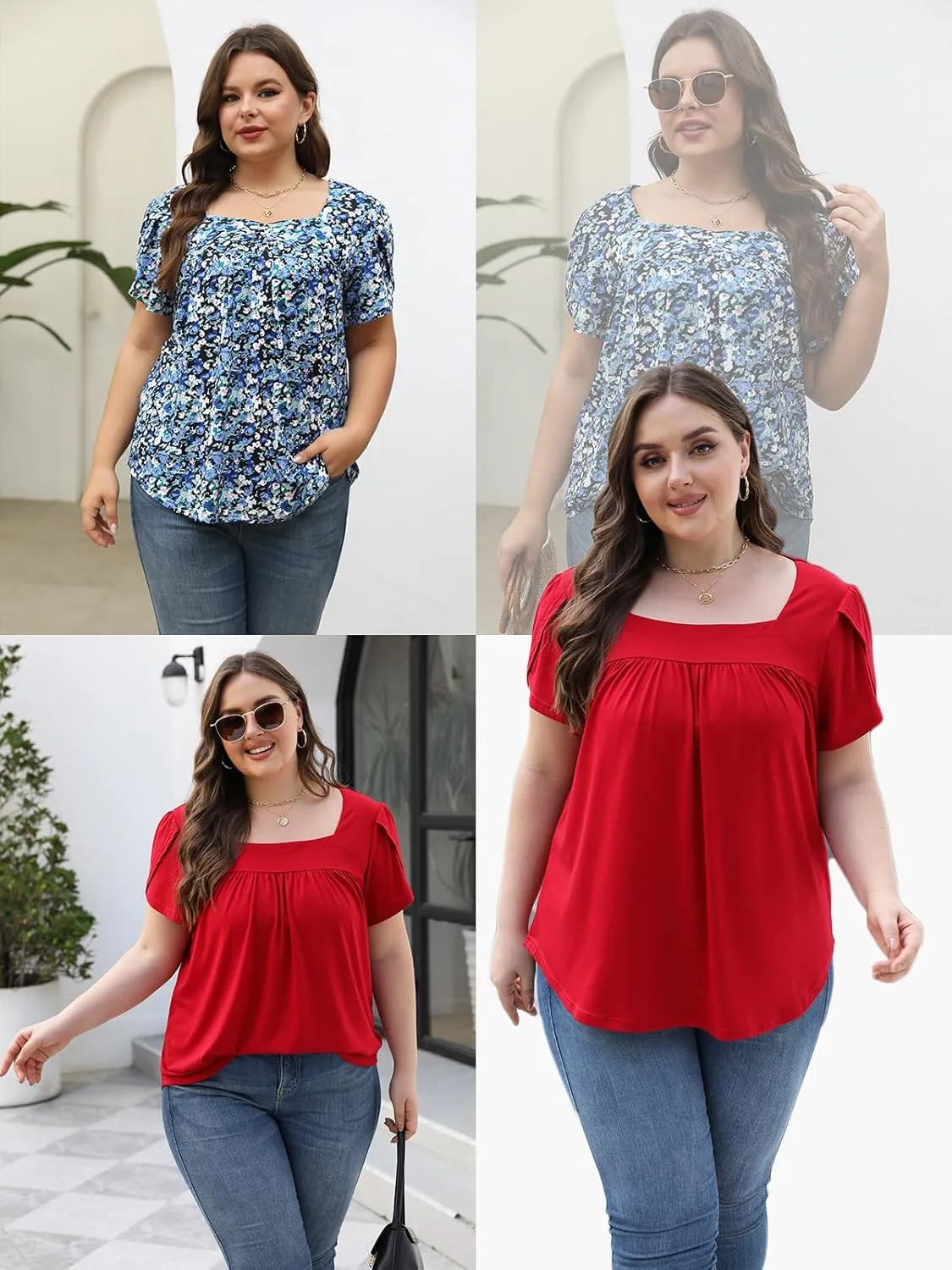 VISLILY Womens-Plus-Size-Summer-Tops Petal Short Sleeve T Shirts Square Neck Blouses Flowy Pleated Tunics XL-5XL