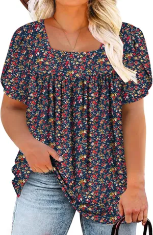 VISLILY Womens-Plus-Size-Summer-Tops Petal Short Sleeve T Shirts Square Neck Blouses Flowy Pleated Tunics XL-5XL