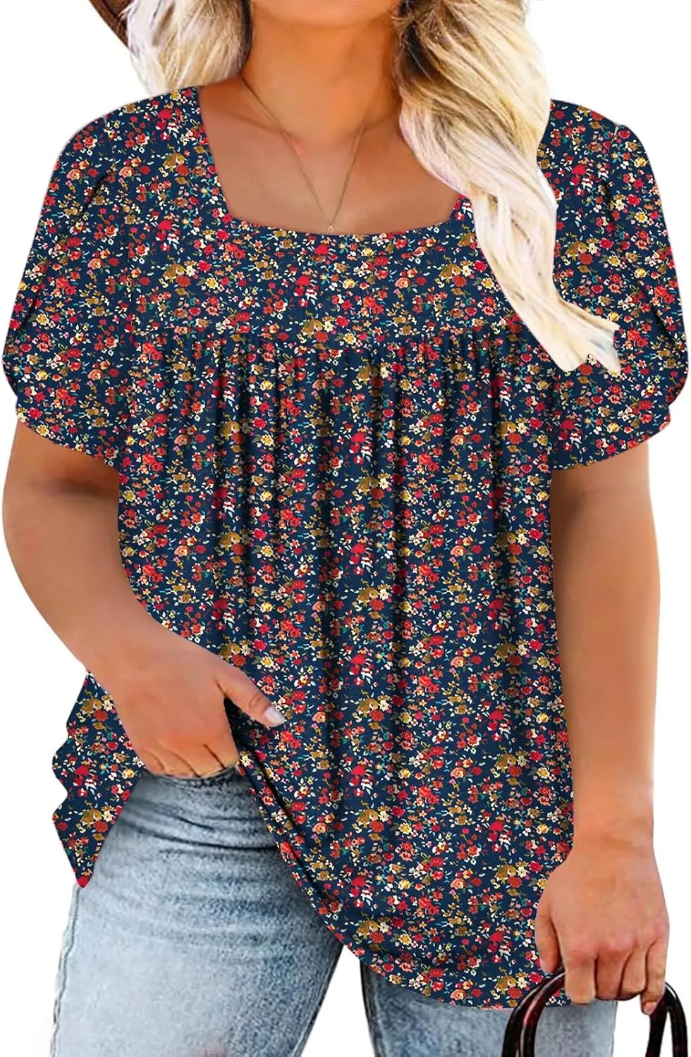 VISLILY Womens-Plus-Size-Summer-Tops Petal Short Sleeve T Shirts Square Neck Blouses Flowy Pleated Tunics XL-5XL