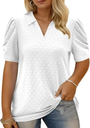 VISLILY Womens-Plus-Size-Summer-Tops Polo V Neck T Shirts Puff Short Sleeve Lapel Collared Work Blouses Eyelet Tunics XL-5XL