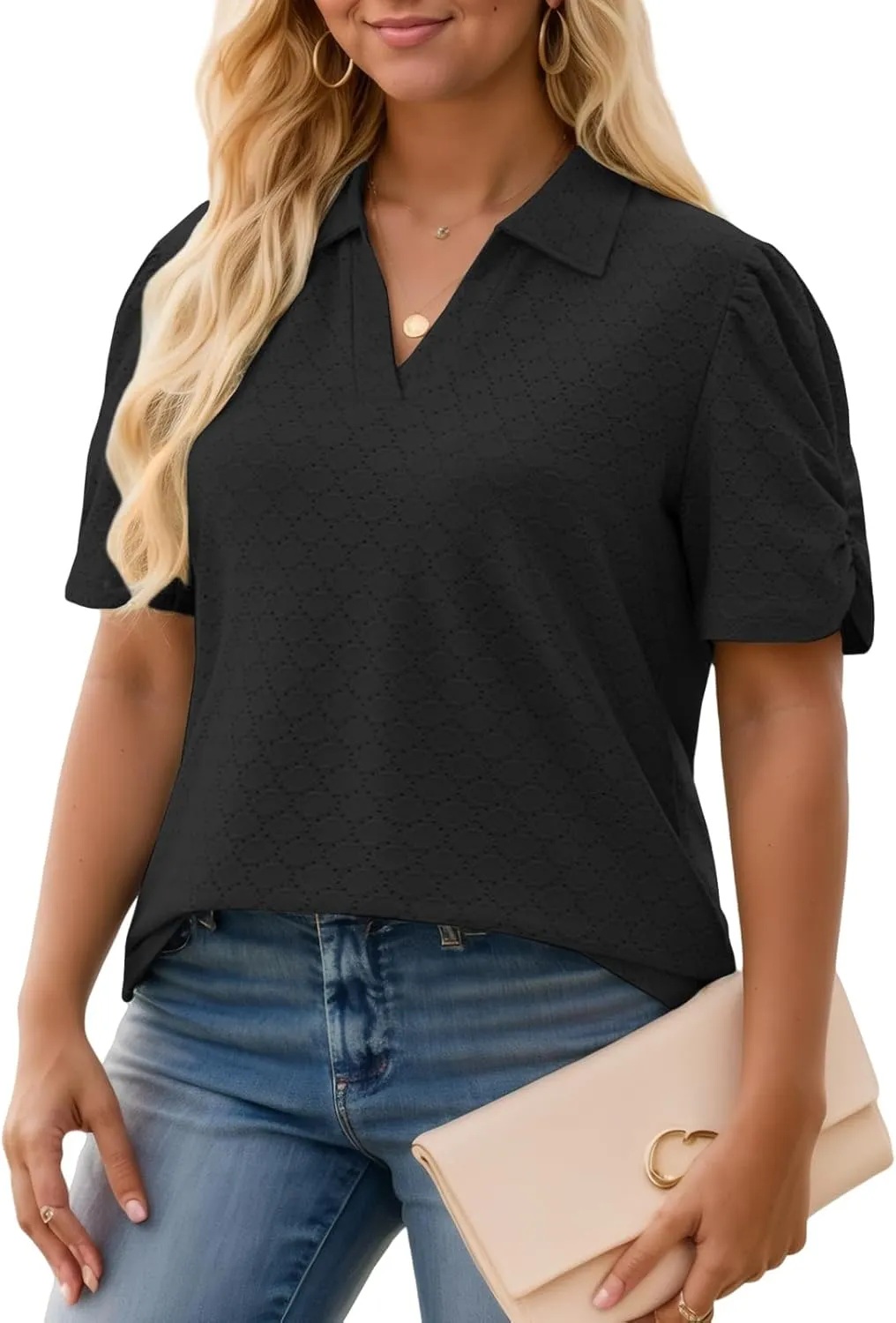 VISLILY Womens-Plus-Size-Summer-Tops Polo V Neck T Shirts Puff Short Sleeve Lapel Collared Work Blouses Eyelet Tunics XL-5XL