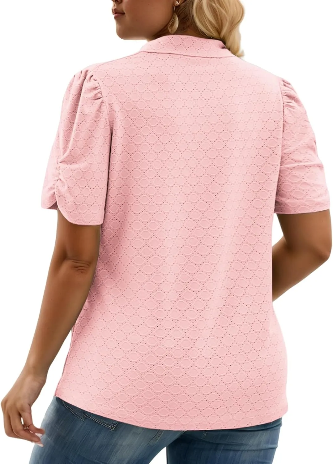 VISLILY Womens-Plus-Size-Summer-Tops Polo V Neck T Shirts Puff Short Sleeve Lapel Collared Work Blouses Eyelet Tunics XL-5XL