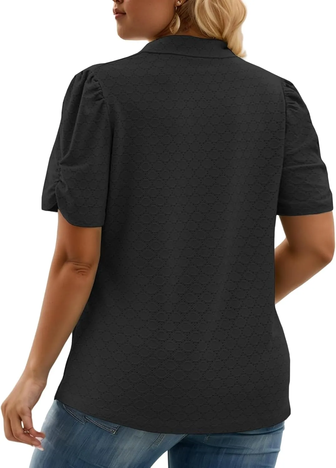 VISLILY Womens-Plus-Size-Summer-Tops Polo V Neck T Shirts Puff Short Sleeve Lapel Collared Work Blouses Eyelet Tunics XL-5XL