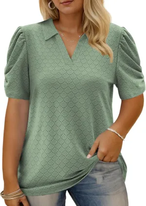 VISLILY Womens-Plus-Size-Summer-Tops Polo V Neck T Shirts Puff Short Sleeve Lapel Collared Work Blouses Eyelet Tunics XL-5XL