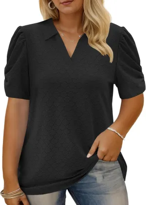 VISLILY Womens-Plus-Size-Summer-Tops Polo V Neck T Shirts Puff Short Sleeve Lapel Collared Work Blouses Eyelet Tunics XL-5XL