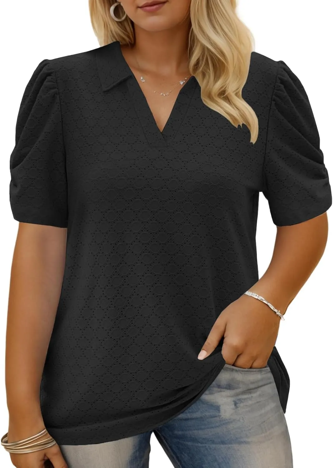 VISLILY Womens-Plus-Size-Summer-Tops Polo V Neck T Shirts Puff Short Sleeve Lapel Collared Work Blouses Eyelet Tunics XL-5XL