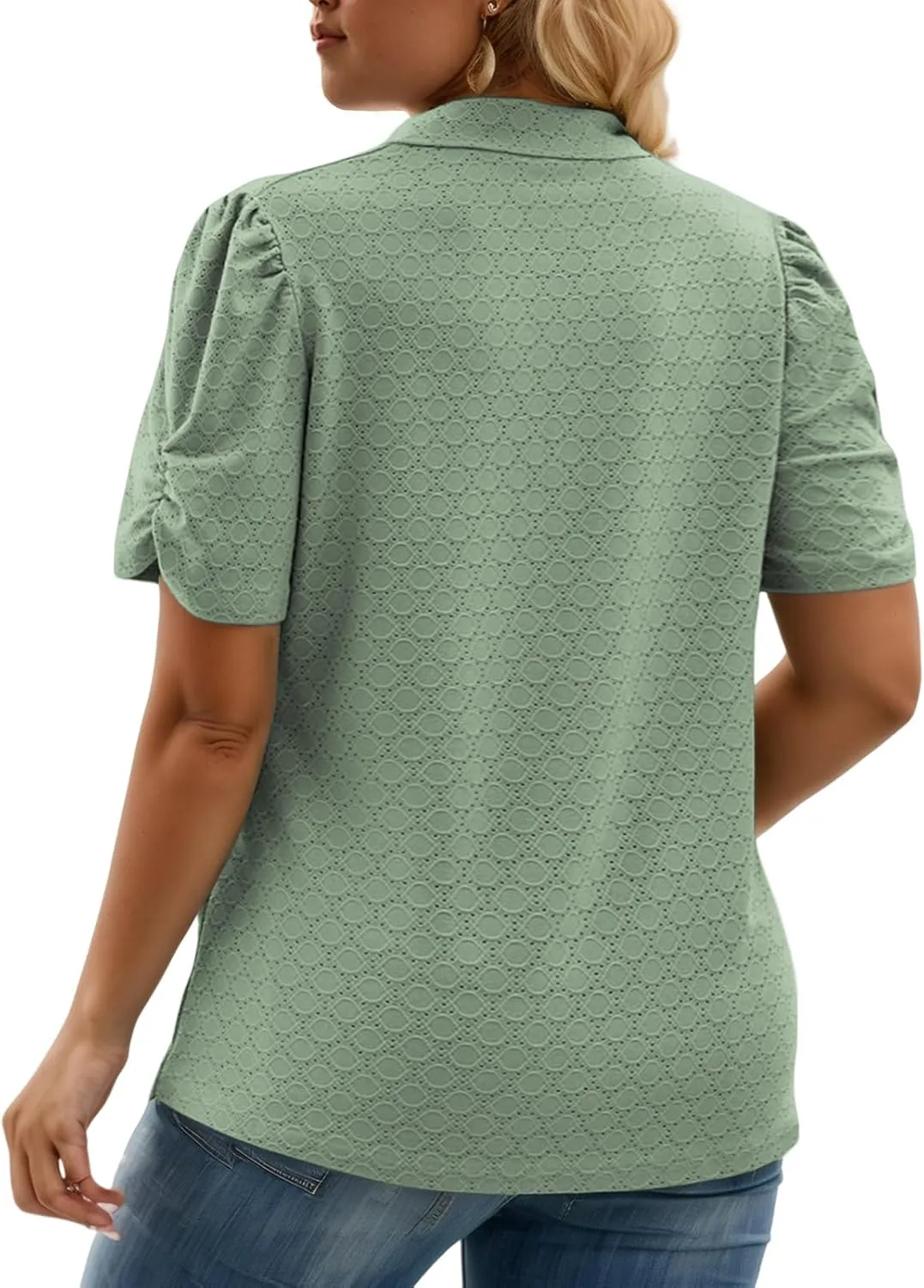 VISLILY Womens-Plus-Size-Summer-Tops Polo V Neck T Shirts Puff Short Sleeve Lapel Collared Work Blouses Eyelet Tunics XL-5XL