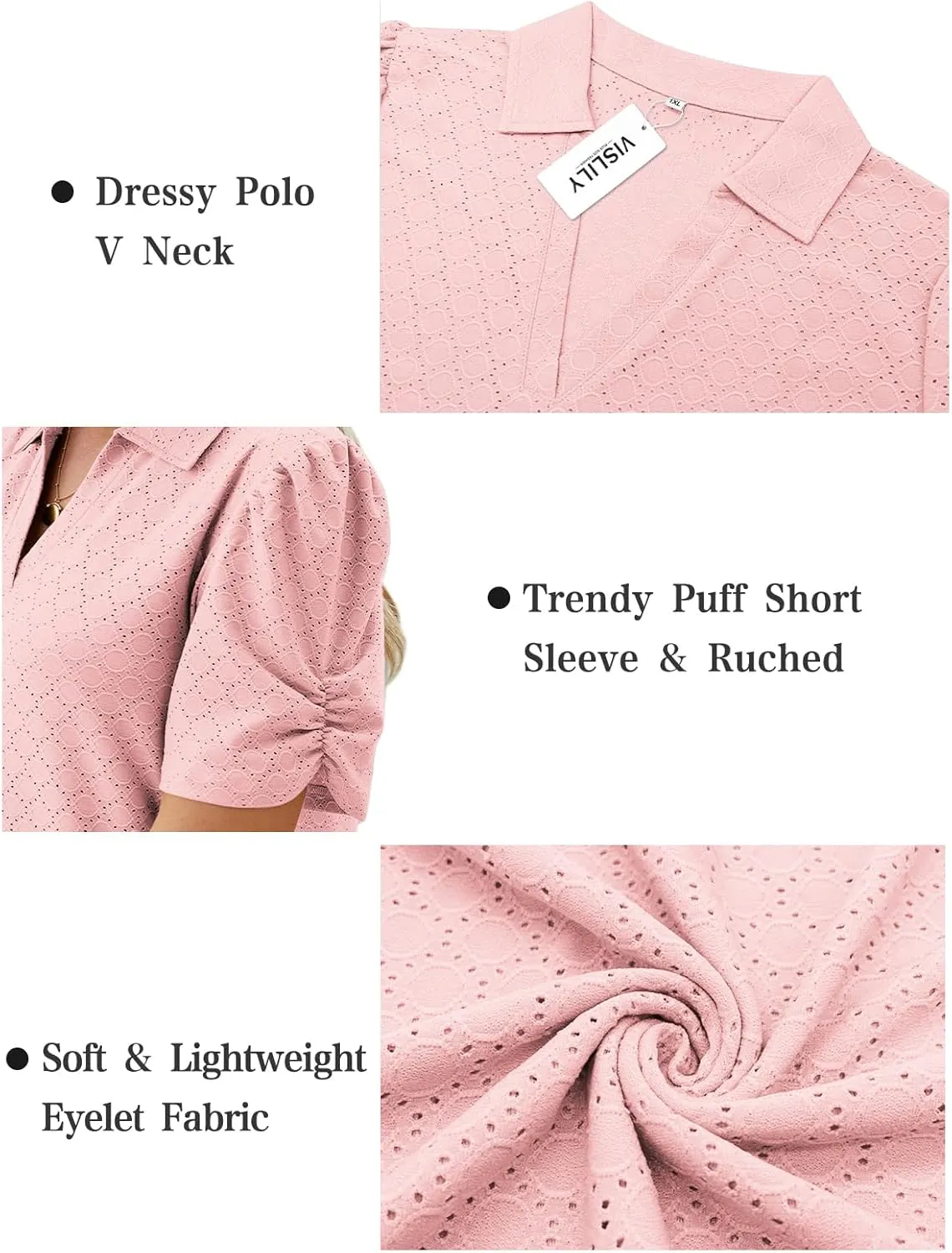 VISLILY Womens-Plus-Size-Summer-Tops Polo V Neck T Shirts Puff Short Sleeve Lapel Collared Work Blouses Eyelet Tunics XL-5XL