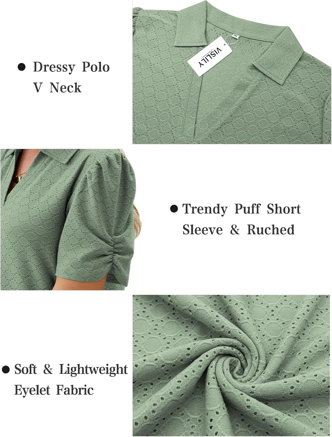 VISLILY Womens-Plus-Size-Summer-Tops Polo V Neck T Shirts Puff Short Sleeve Lapel Collared Work Blouses Eyelet Tunics XL-5XL