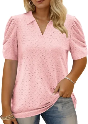 VISLILY Womens-Plus-Size-Summer-Tops Polo V Neck T Shirts Puff Short Sleeve Lapel Collared Work Blouses Eyelet Tunics XL-5XL