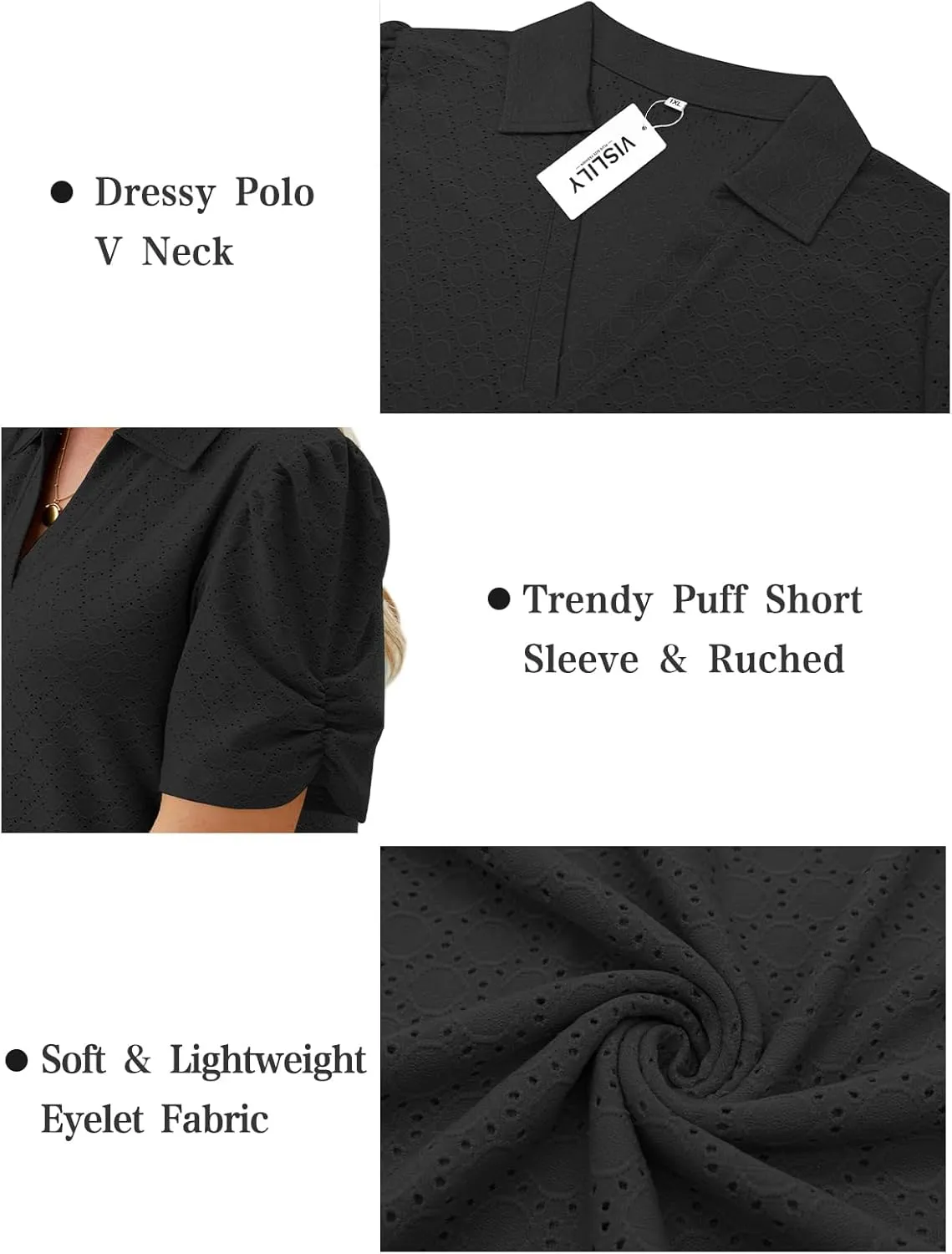 VISLILY Womens-Plus-Size-Summer-Tops Polo V Neck T Shirts Puff Short Sleeve Lapel Collared Work Blouses Eyelet Tunics XL-5XL