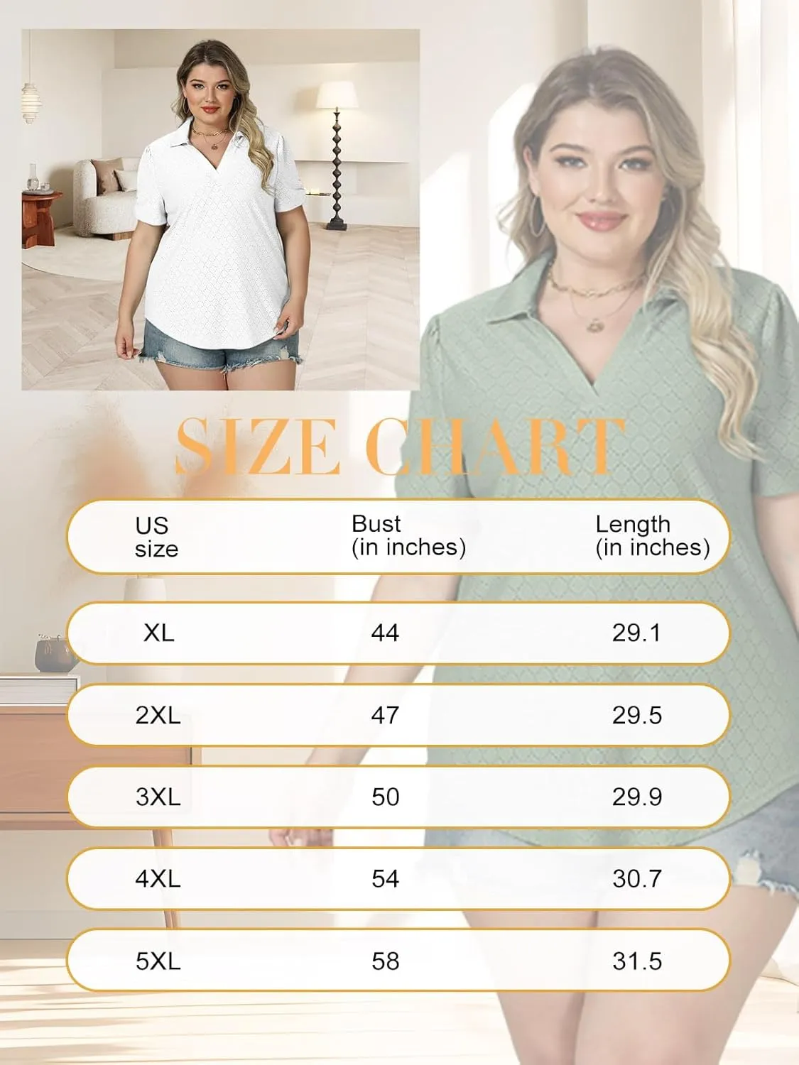 VISLILY Womens-Plus-Size-Summer-Tops Polo V Neck T Shirts Puff Short Sleeve Lapel Collared Work Blouses Eyelet Tunics XL-5XL