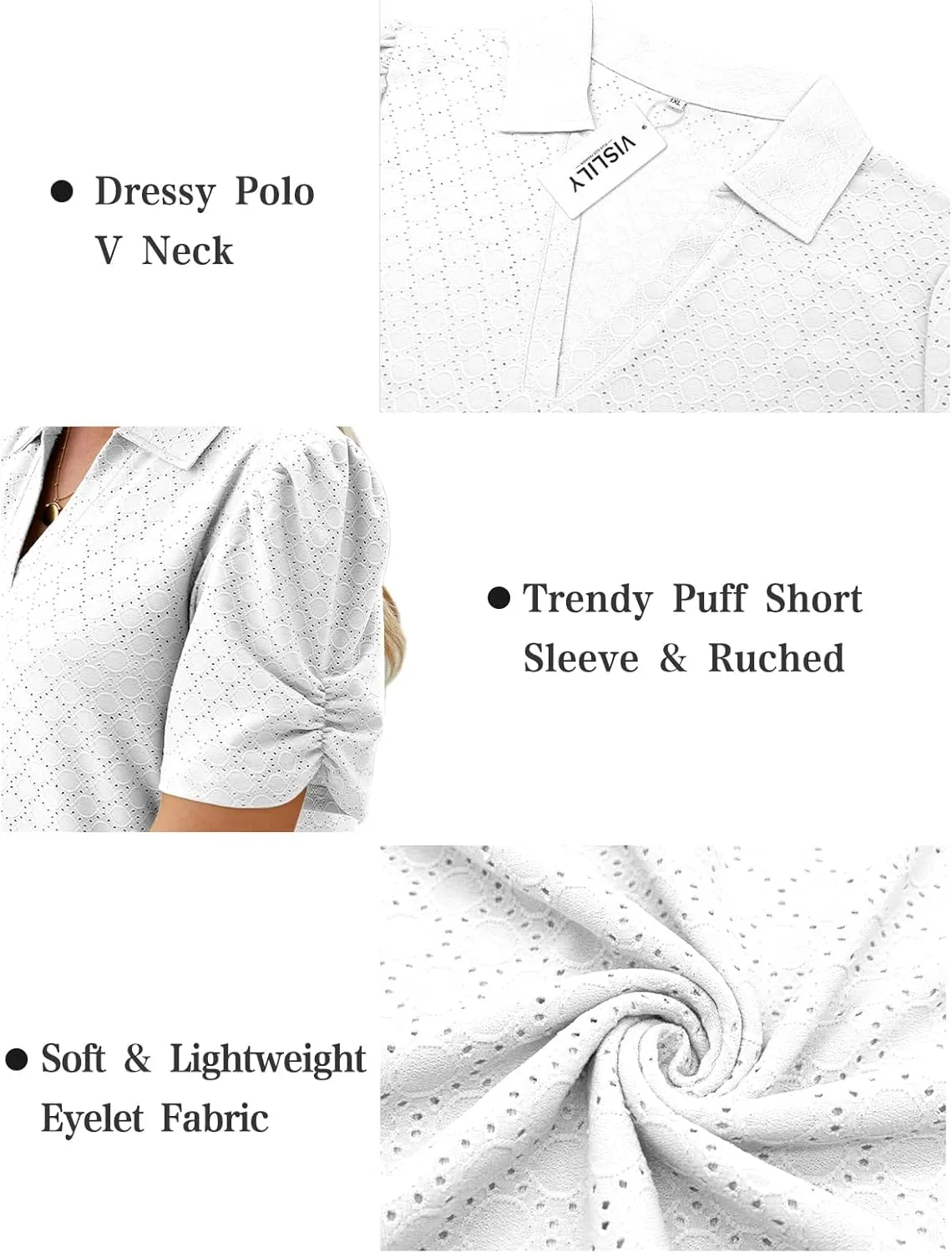 VISLILY Womens-Plus-Size-Summer-Tops Polo V Neck T Shirts Puff Short Sleeve Lapel Collared Work Blouses Eyelet Tunics XL-5XL