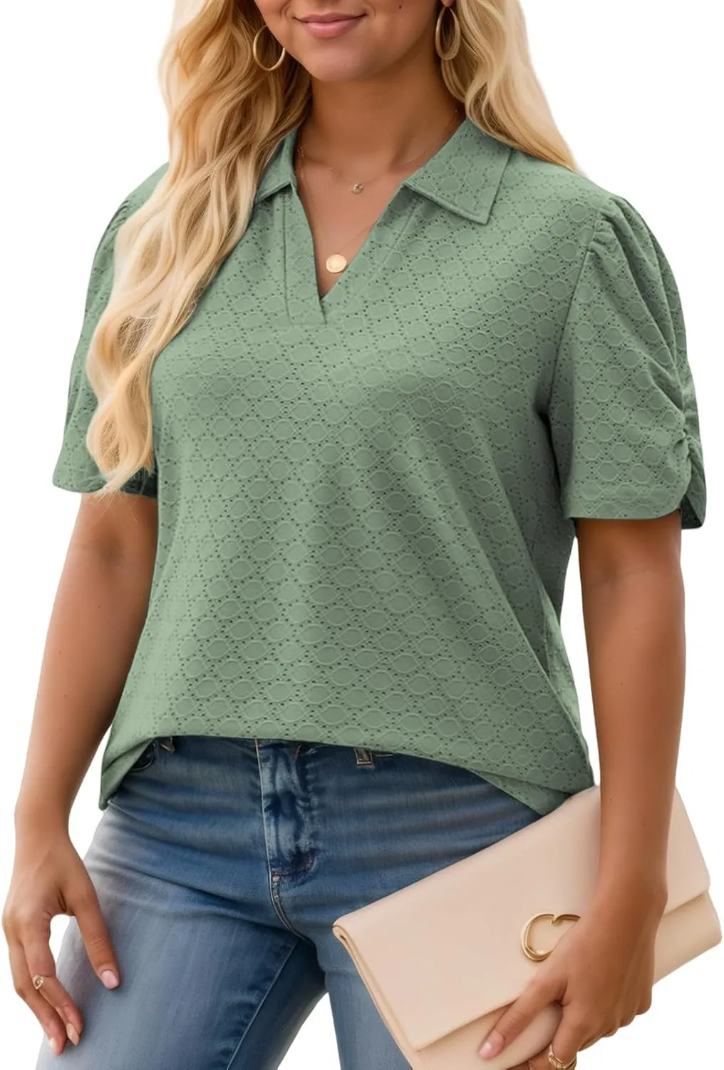 VISLILY Womens-Plus-Size-Summer-Tops Polo V Neck T Shirts Puff Short Sleeve Lapel Collared Work Blouses Eyelet Tunics XL-5XL