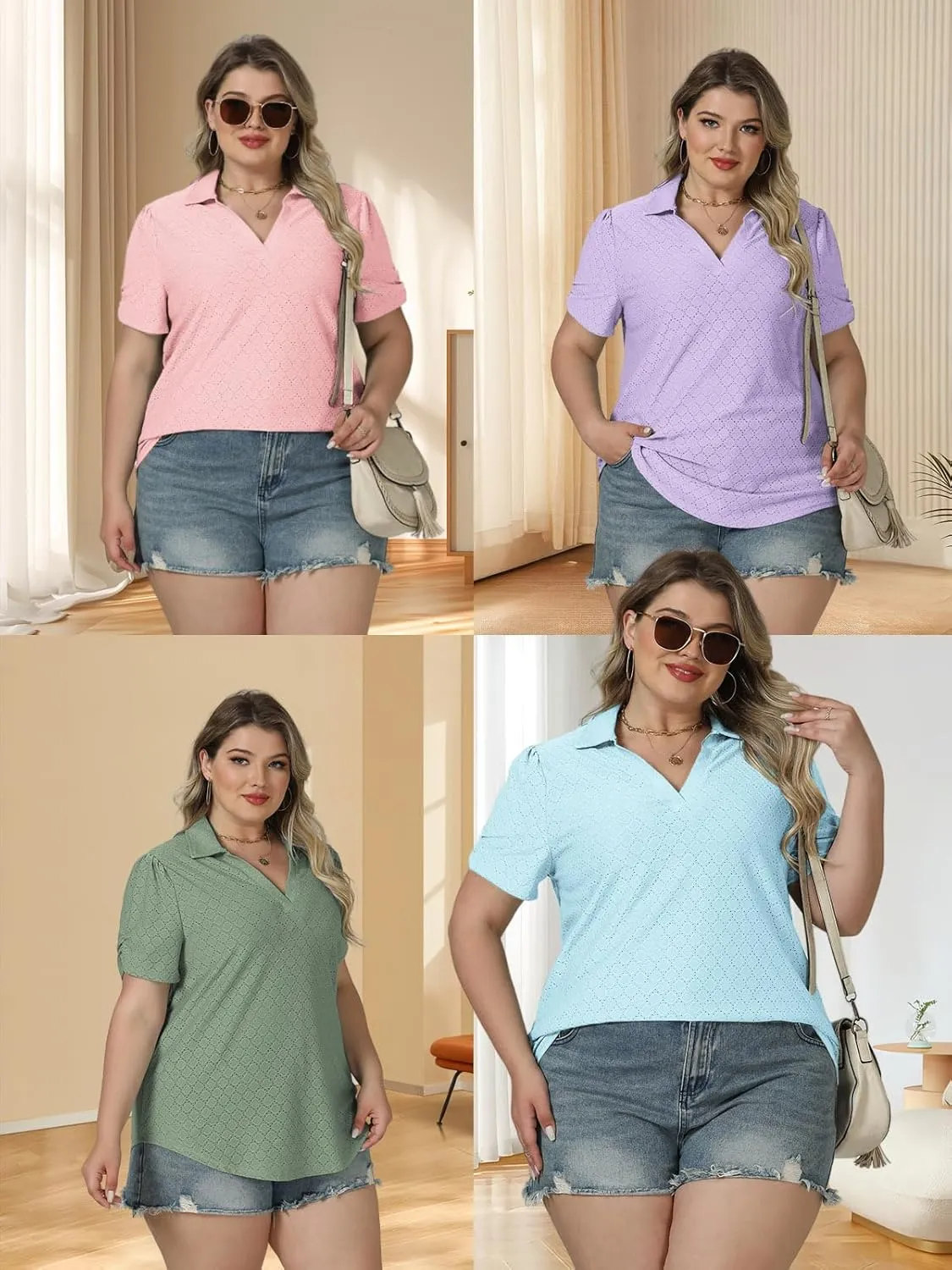 VISLILY Womens-Plus-Size-Summer-Tops Polo V Neck T Shirts Puff Short Sleeve Lapel Collared Work Blouses Eyelet Tunics XL-5XL