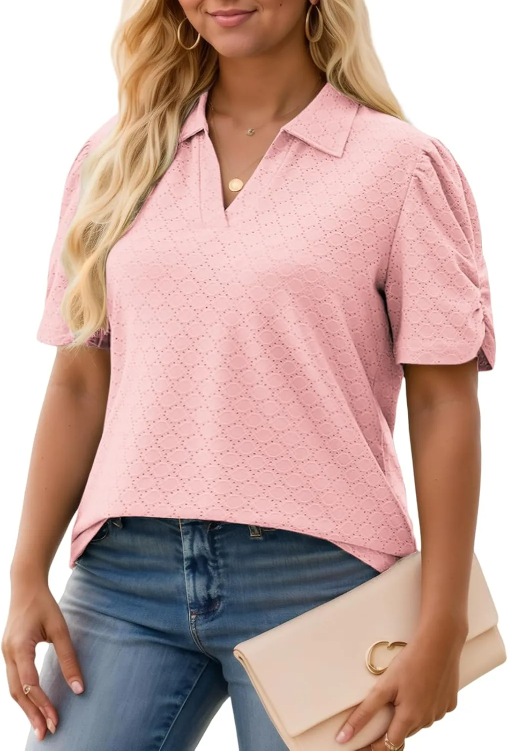 VISLILY Womens-Plus-Size-Summer-Tops Polo V Neck T Shirts Puff Short Sleeve Lapel Collared Work Blouses Eyelet Tunics XL-5XL