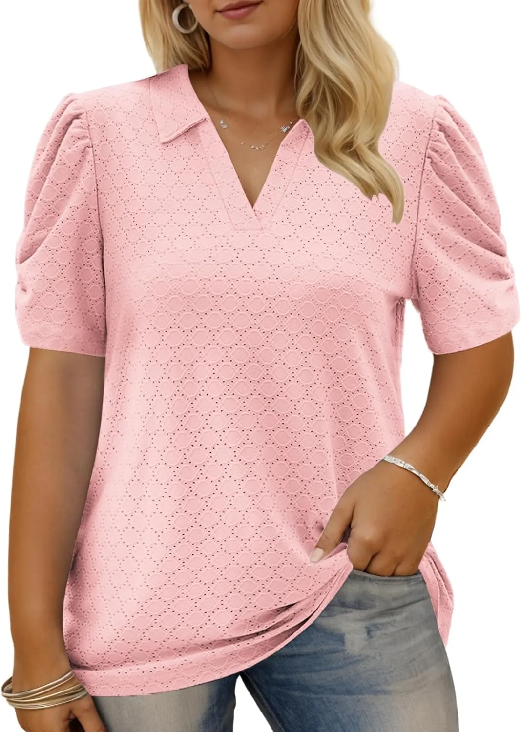 VISLILY Womens-Plus-Size-Summer-Tops Polo V Neck T Shirts Puff Short Sleeve Lapel Collared Work Blouses Eyelet Tunics XL-5XL