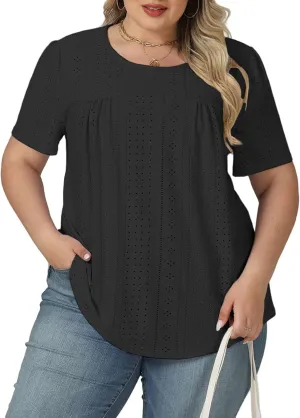 VISLILY Womens-Plus-Size-Summer-Tops Trendy Eyelet Embroidery T Shirts Cute Curved Hem Tunics Casual Short Sleeve Blouse Tees