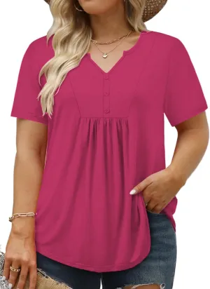 VISLILY Women's Plus-Size-Summer-Tops Trendy Henley V Neck T-Shirts Flowy Pleated Tunics Short Sleeve Buttons Up Blouses
