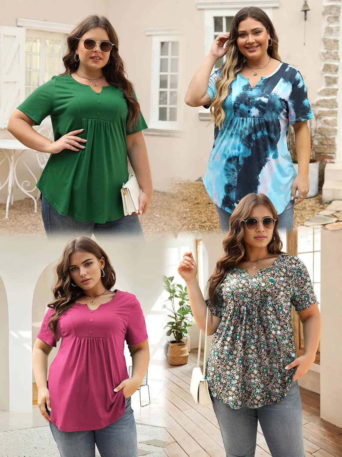 VISLILY Women's Plus-Size-Summer-Tops Trendy Henley V Neck T-Shirts Flowy Pleated Tunics Short Sleeve Buttons Up Blouses