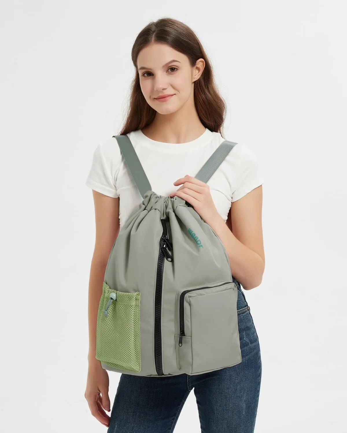 WANDF Drawstring Backpack Sports Gym Bag with Shoes Compartment, Water-Resistant String Beach Sackpack Swim Bag for Women and Men (Dark Green)