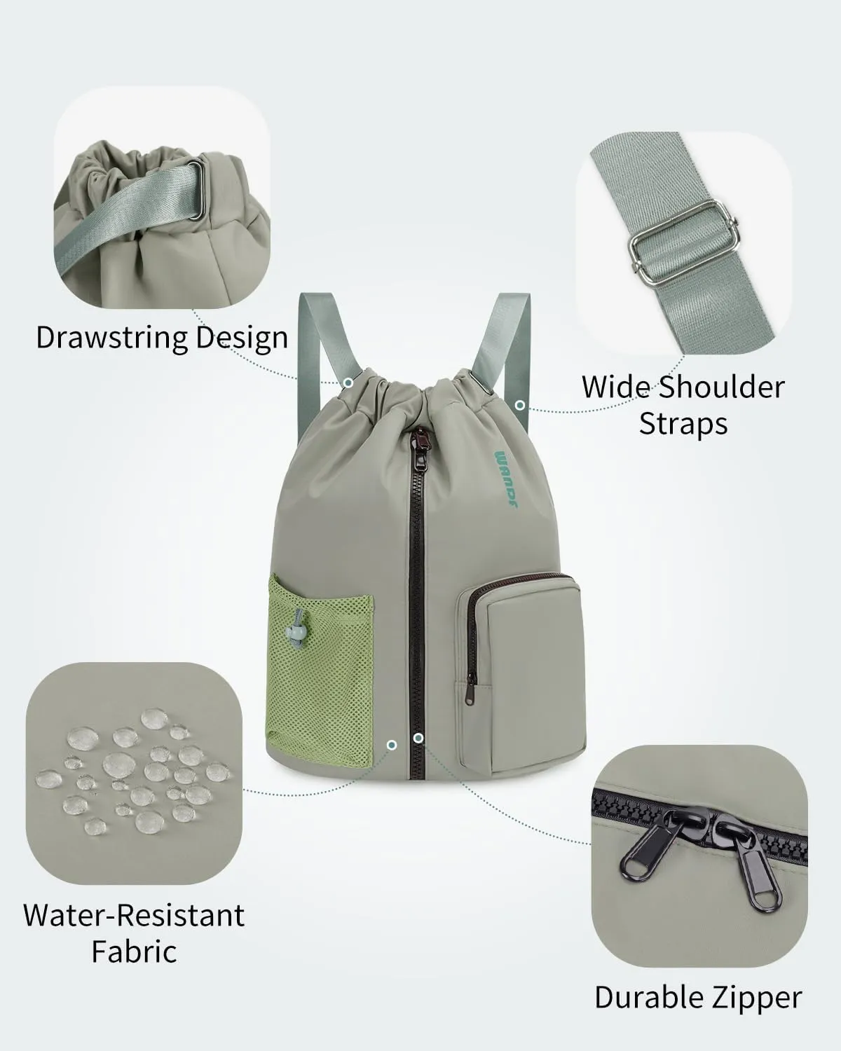 WANDF Drawstring Backpack Sports Gym Bag with Shoes Compartment, Water-Resistant String Beach Sackpack Swim Bag for Women and Men (Dark Green)