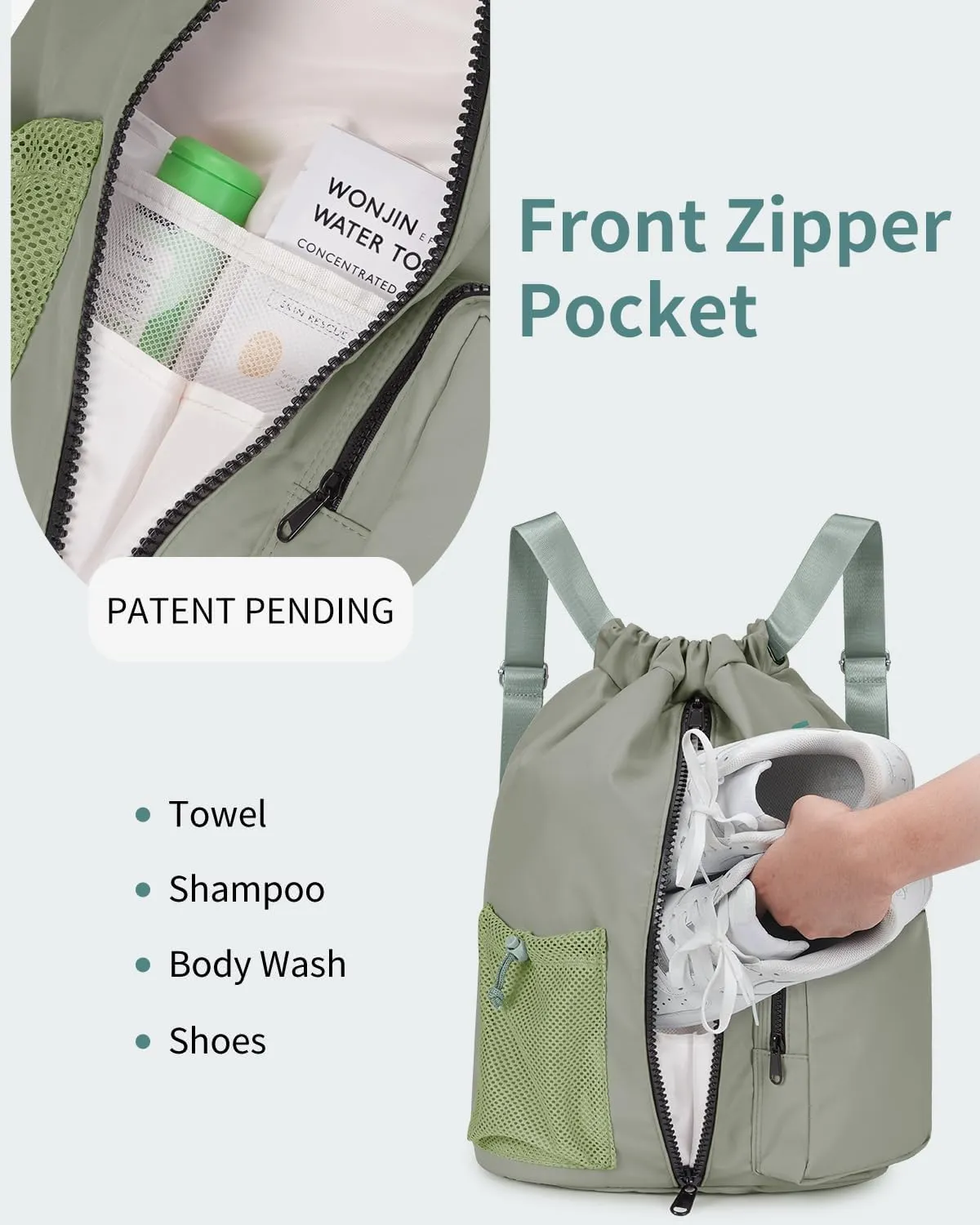 WANDF Drawstring Backpack Sports Gym Bag with Shoes Compartment, Water-Resistant String Beach Sackpack Swim Bag for Women and Men (Dark Green)