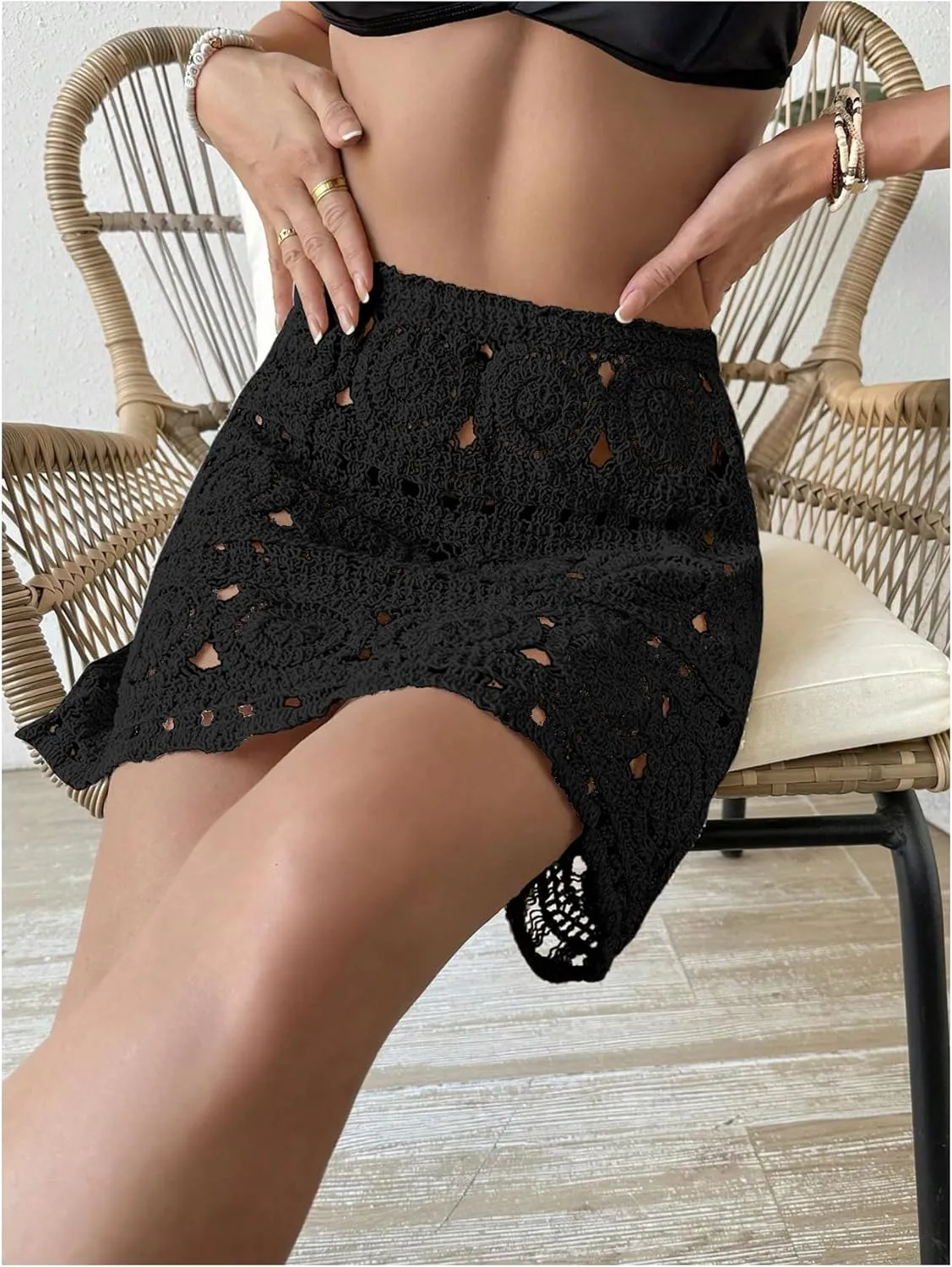 WDIRARA Women's Hollow Out Crochet Knit Cover Up Skirt High Waisted Sheer Beach Skirts