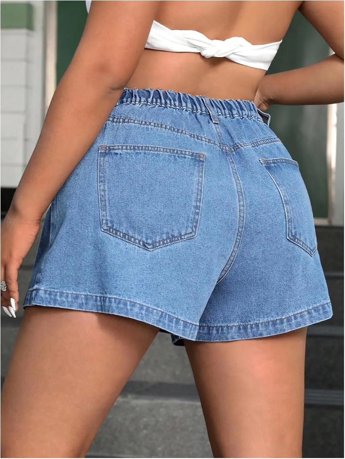 WDIRARA Women's Plus Size High Waist Pleated Wide Leg Denim Shorts with Pockets