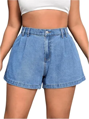 WDIRARA Women's Plus Size High Waist Pleated Wide Leg Denim Shorts with Pockets