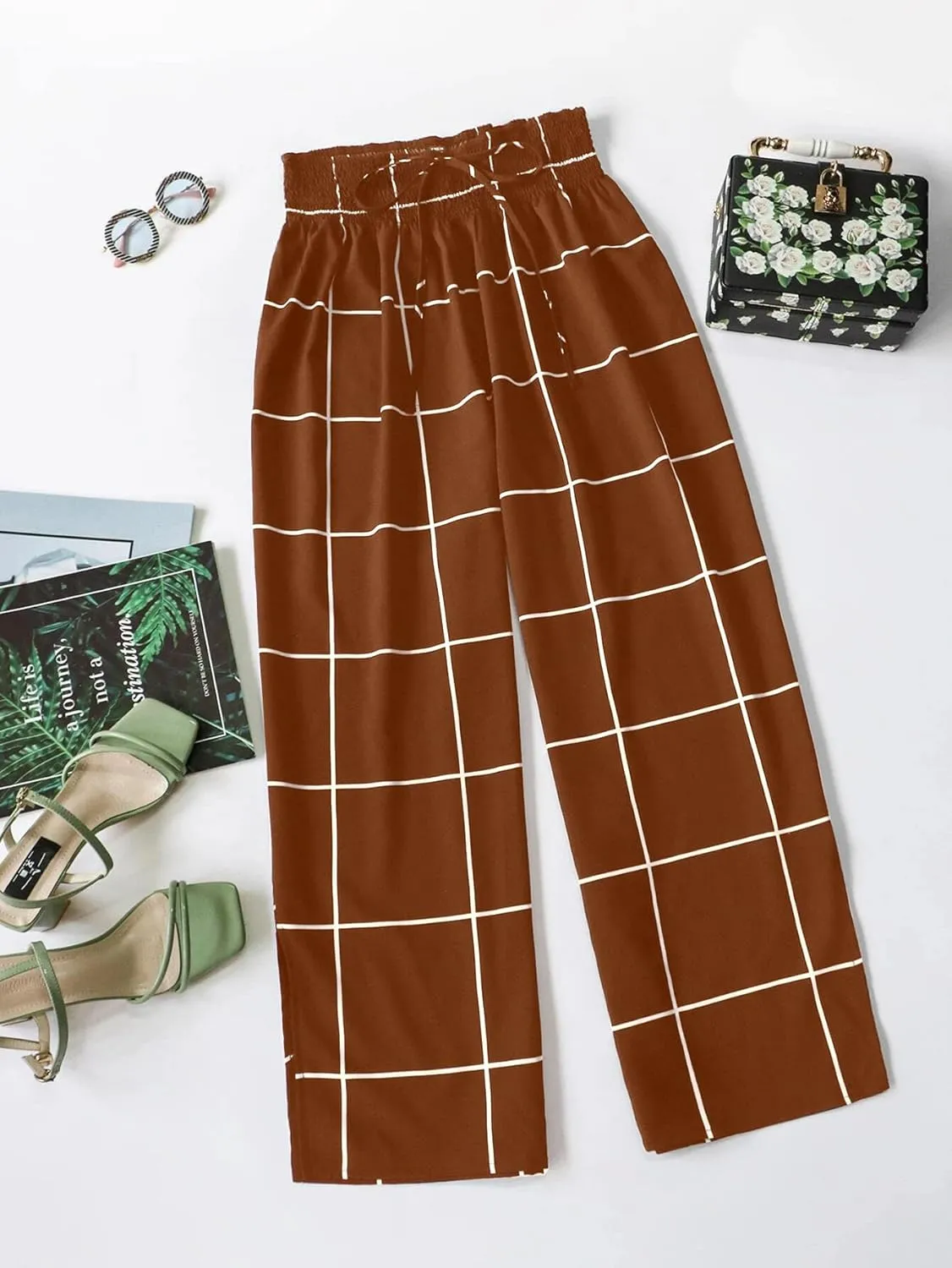 WDIRARA Women's Plus Size Plaid Split Side Tie Front Wide Leg Casual Pants