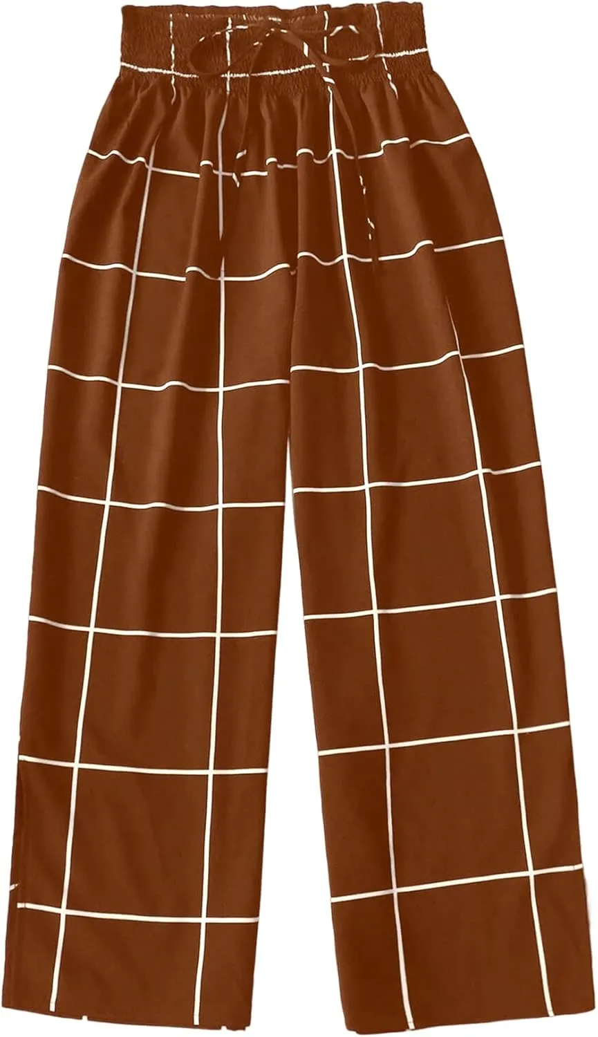 WDIRARA Women's Plus Size Plaid Split Side Tie Front Wide Leg Casual Pants