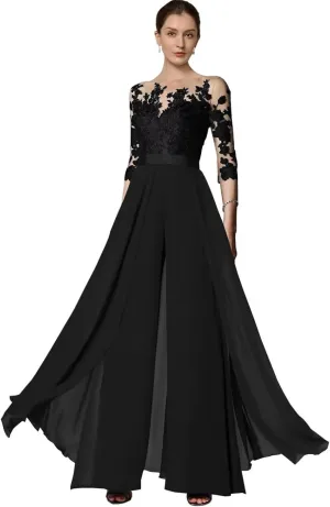Wedding Guest Jumpsuits Lace Appliques Pantsuits Chiffon Mother of The Bride Outfit Sets Evening Party Gowns